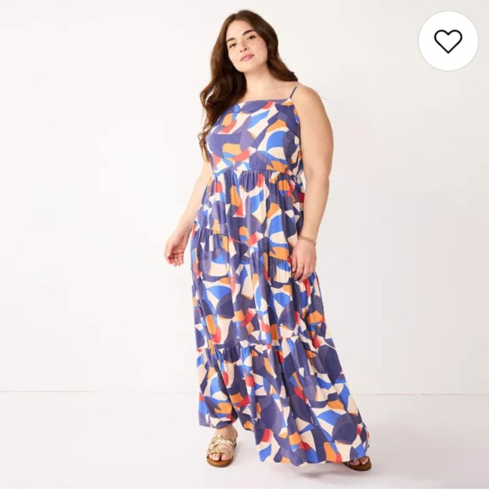 XL Nine West Blue /Orange / White Asymmetrical Tiered Maxi Dress - Pre-Loved